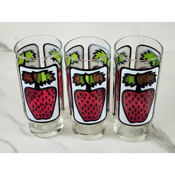 Libbey Strawberry Pedestal Tumbler Glass 16oz Retro 80's 6 1/2" x3 Vintage - Picture 8 of 13